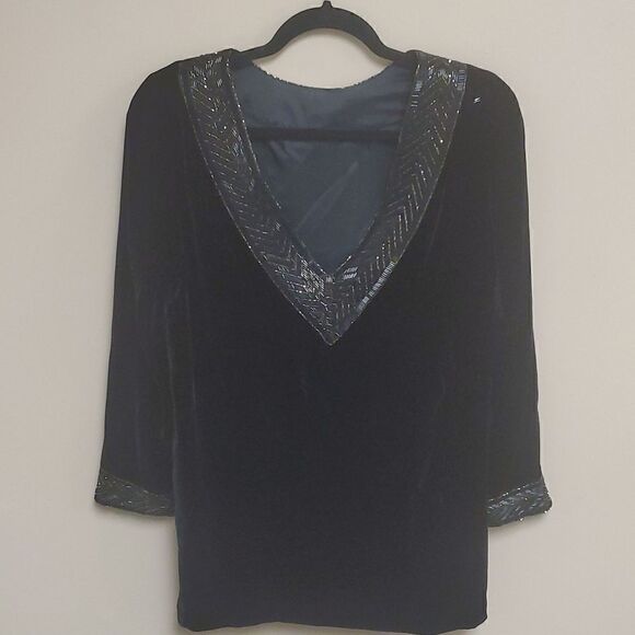 CARMEN MARC VALCO Velvet & Beaded Evening Top - Size 12 - Picture 2 of 6